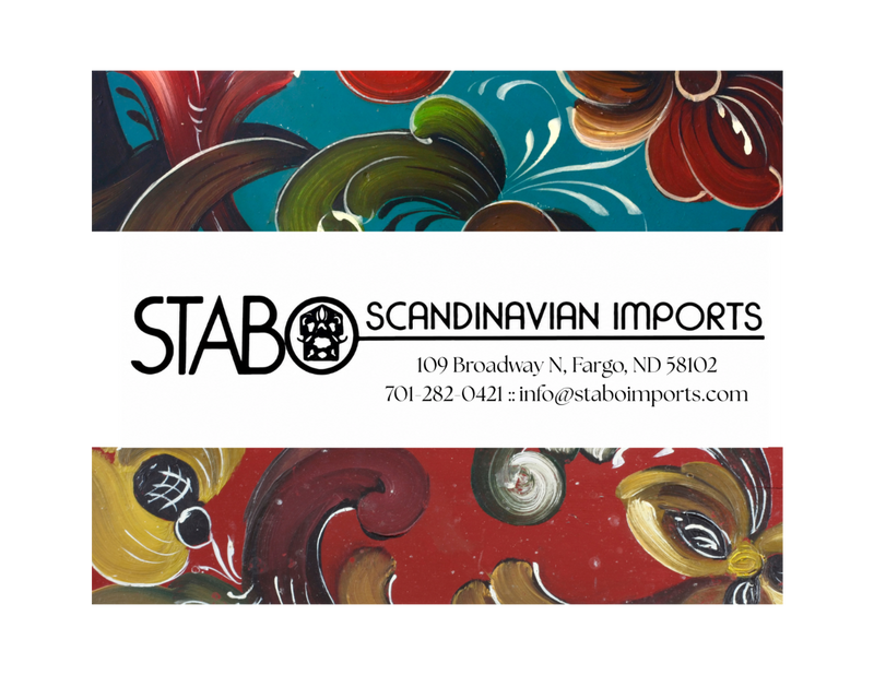 A gift card for Stabo Scandinavian Imports, framed by traditional Scandinavian folk art patterns in red, green, yellow, and blue.