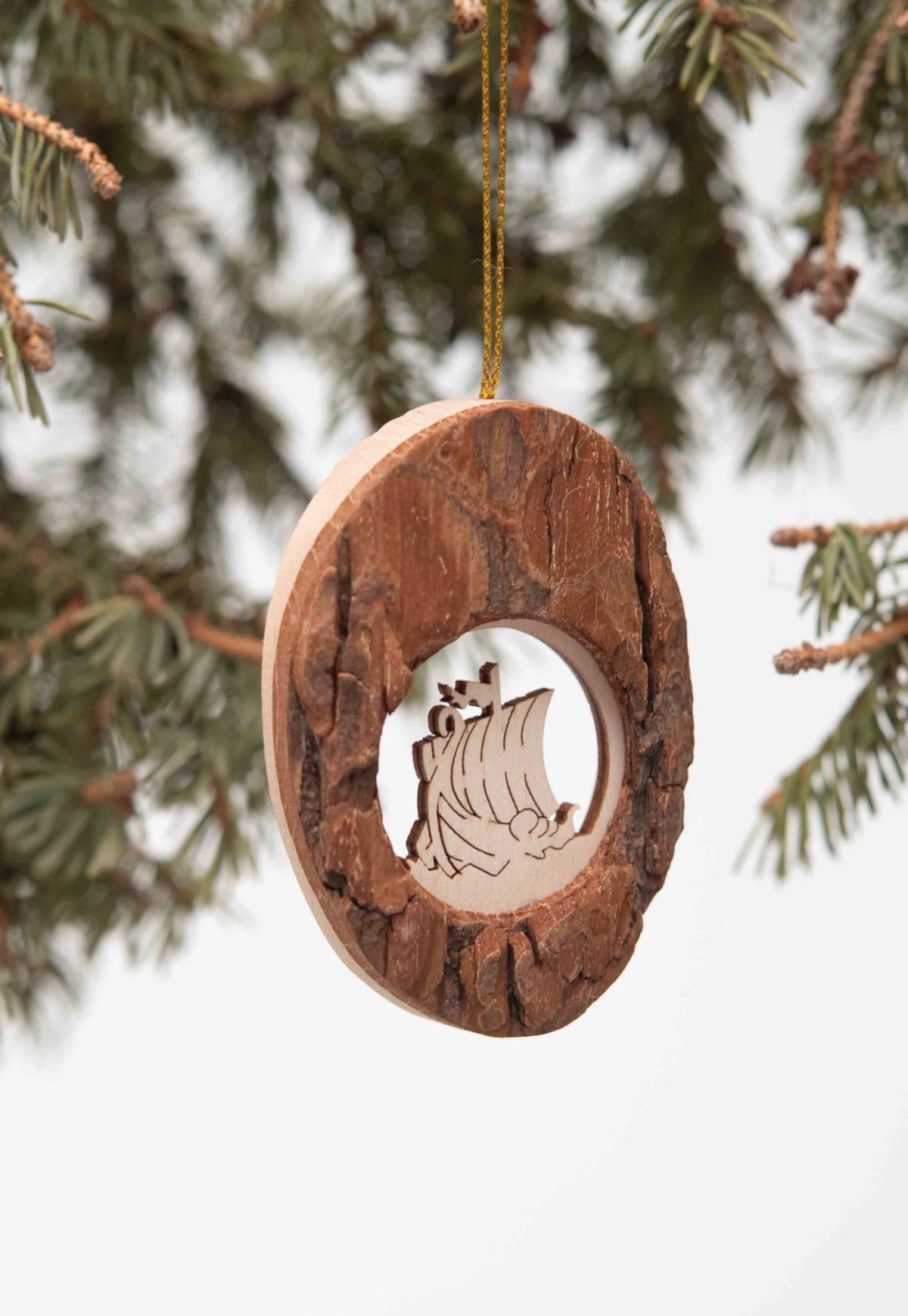Bark Wood Viking Ship Ornament
